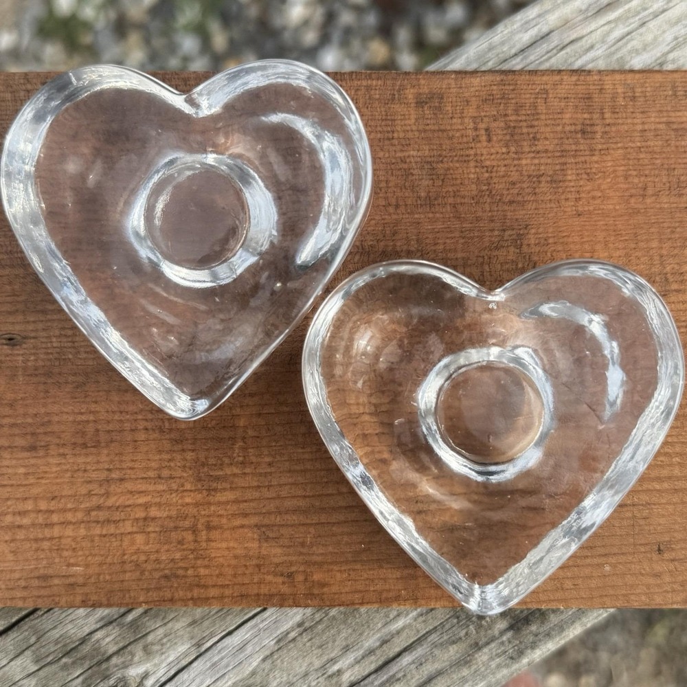 Vintage Heart Shaped Clear Glass Taper Candle Holders Set Of 2 Romantic Decor